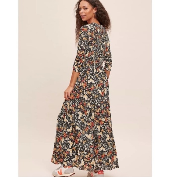 Anthropologie Maeve Omya Smocked Maxi Dress in Black & Orange Floral Print XS - Picture 7 of 12